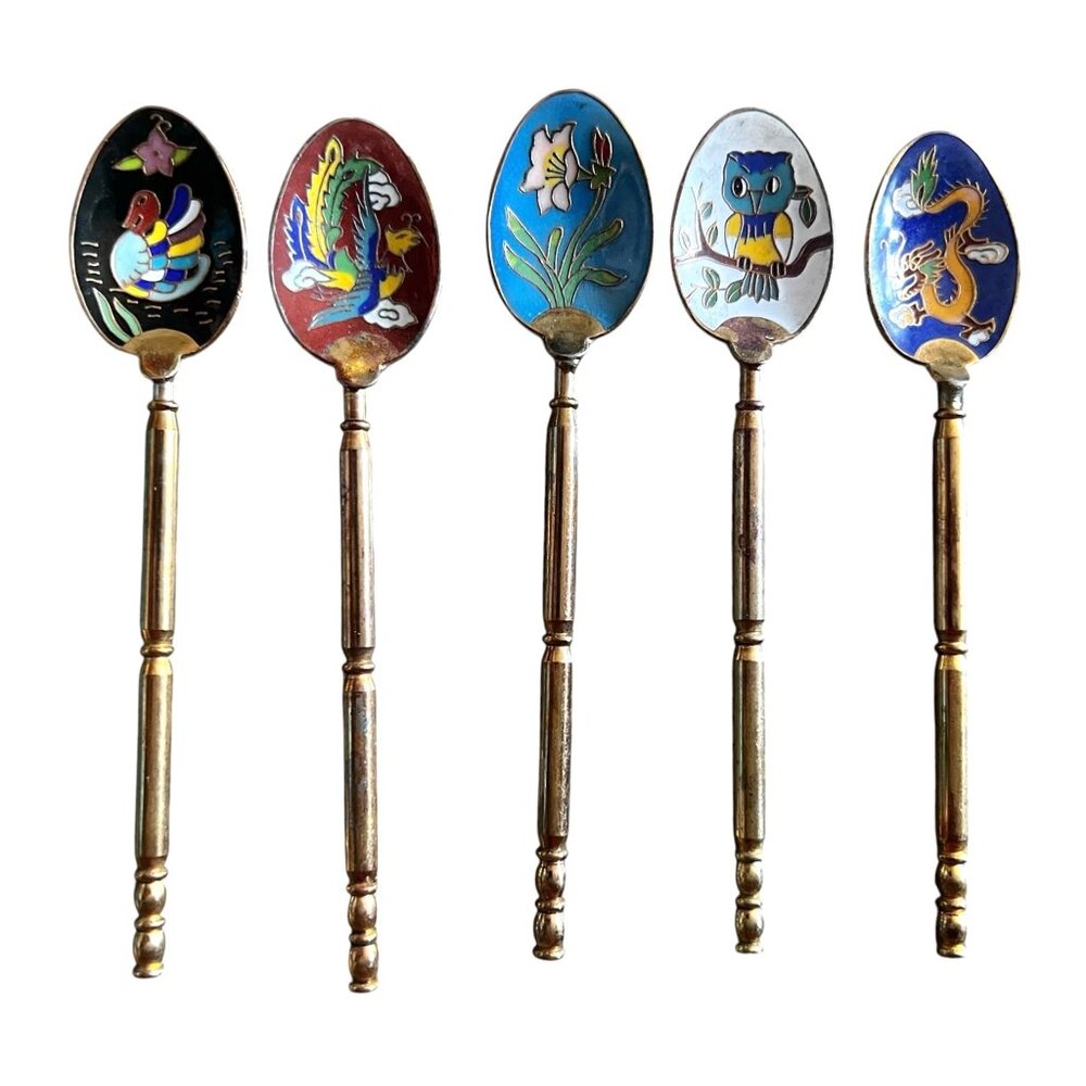 Vintage 1960s Cloisonné Enamel Decorative Spoons Set Of 5 Animal & Floral Design
